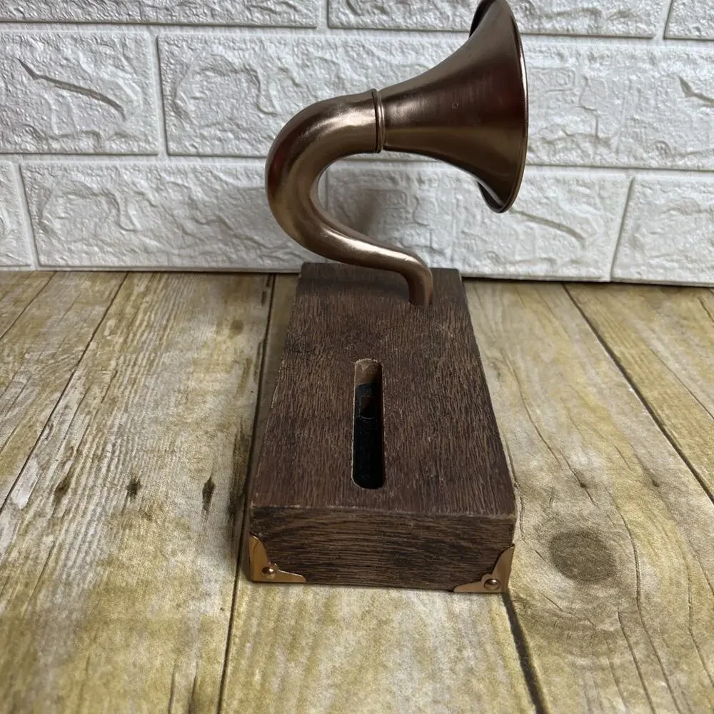 Wooden Smartphone Dock with Vintage Sound Amplifier, Brass Corners